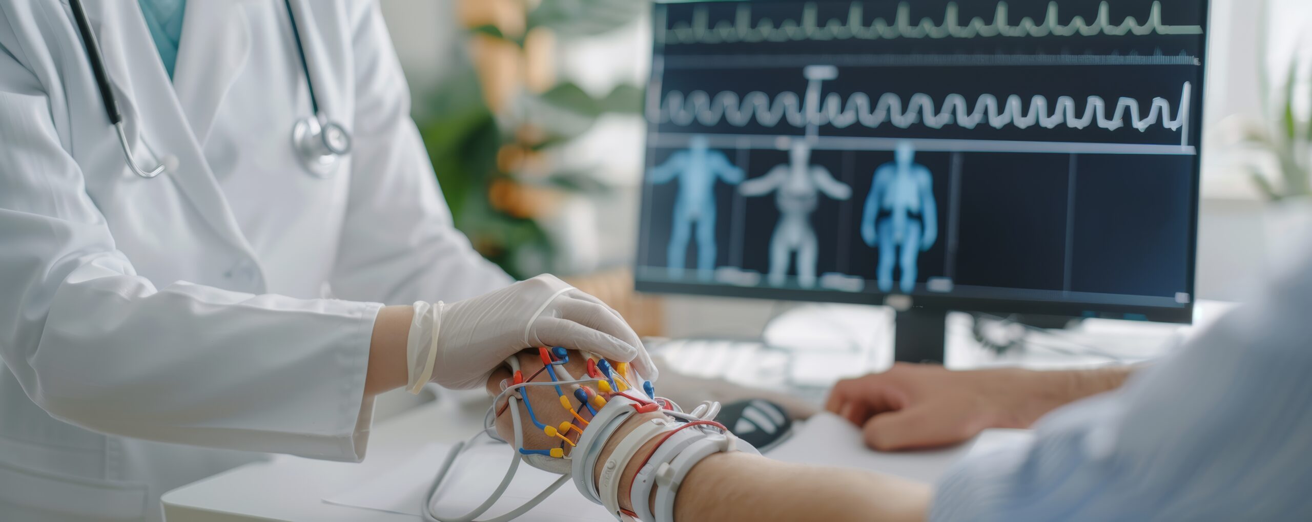 NCV test setup evaluating nerve conduction in patient arm